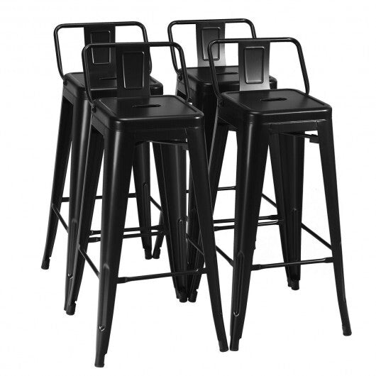 30 Inch Set of 4 Metal Counter Height Barstools with Low Back and Rubber Feet-Black - Color: Black