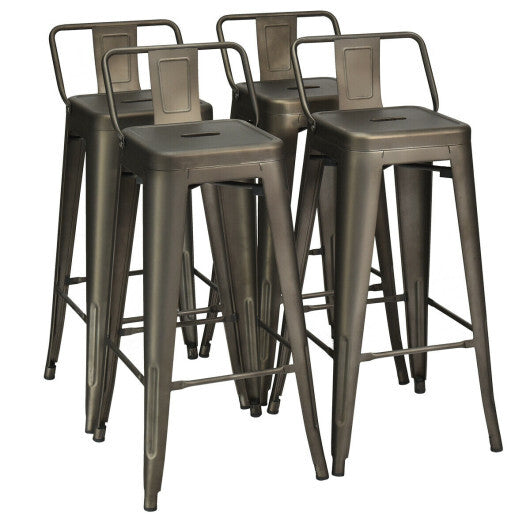 30 Inch Set of 4 Metal Counter Height Barstools with Low Back and Rubber Feet-Gun - Color: Gun