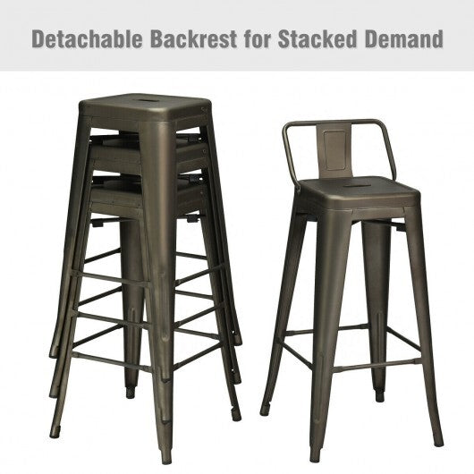 30 Inch Set of 4 Metal Counter Height Barstools with Low Back and Rubber Feet-Gun - Color: Gun