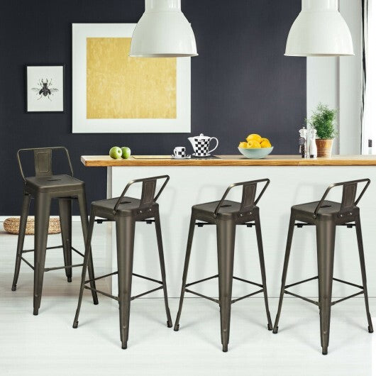 30 Inch Set of 4 Metal Counter Height Barstools with Low Back and Rubber Feet-Gun - Color: Gun