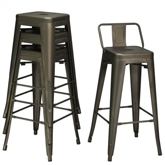 30 Inch Set of 4 Metal Counter Height Barstools with Low Back and Rubber Feet-Gun - Color: Gun