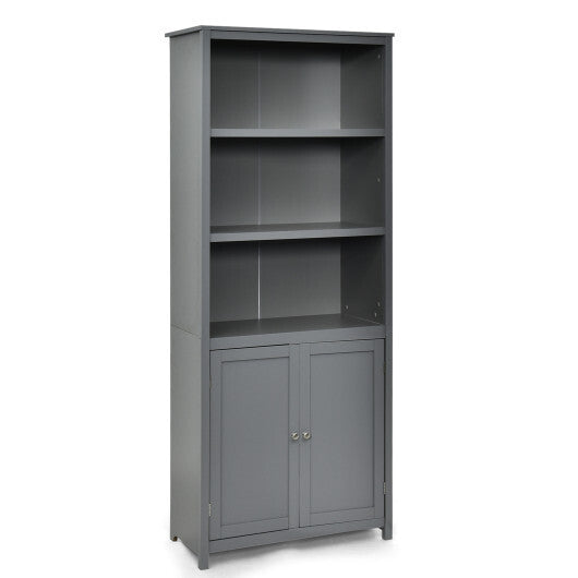 Bookcase Shelving Storage Wooden Cabinet Unit Standing Display Bookcase with Doors-Gray - Color: Gray