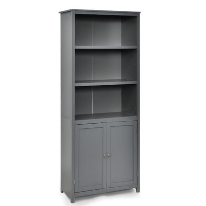 Bookcase Shelving Storage Wooden Cabinet Unit Standing Display Bookcase with Doors-Gray - Color: Gray