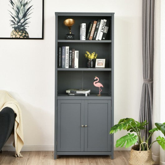 Bookcase Shelving Storage Wooden Cabinet Unit Standing Display Bookcase with Doors-Gray - Color: Gray