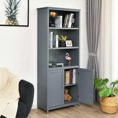 Bookcase Shelving Storage Wooden Cabinet Unit Standing Display Bookcase with Doors-Gray - Color: Gray