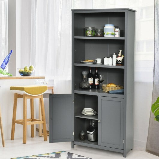 Bookcase Shelving Storage Wooden Cabinet Unit Standing Display Bookcase with Doors-Gray - Color: Gray