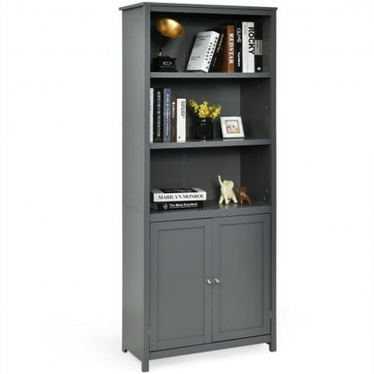 Bookcase Shelving Storage Wooden Cabinet Unit Standing Display Bookcase with Doors-Gray - Color: Gray