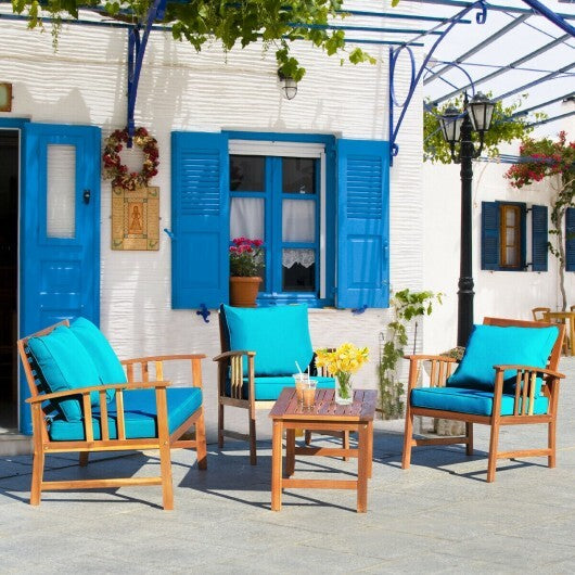 4 Pieces Wooden Patio Furniture Set Table Sofa Chair Cushioned Garden - Color: Turquoise