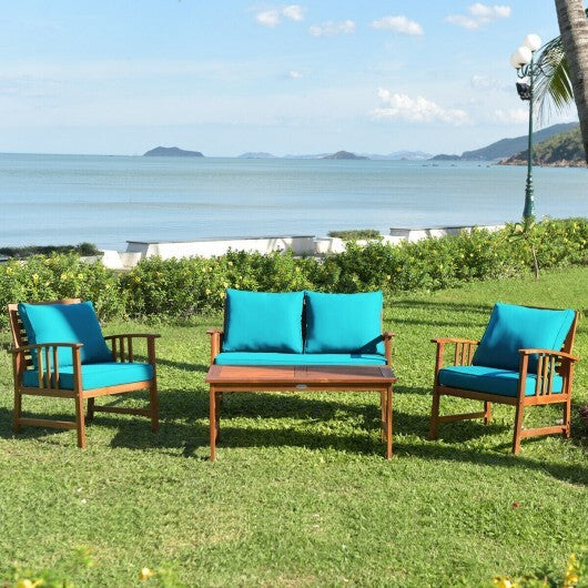 4 Pieces Wooden Patio Furniture Set Table Sofa Chair Cushioned Garden - Color: Turquoise