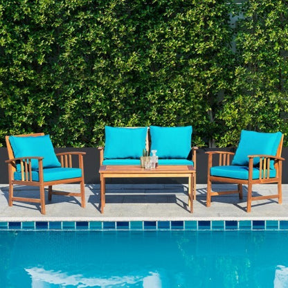 4 Pieces Wooden Patio Furniture Set Table Sofa Chair Cushioned Garden - Color: Turquoise