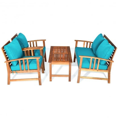 4 Pieces Wooden Patio Furniture Set Table Sofa Chair Cushioned Garden - Color: Turquoise