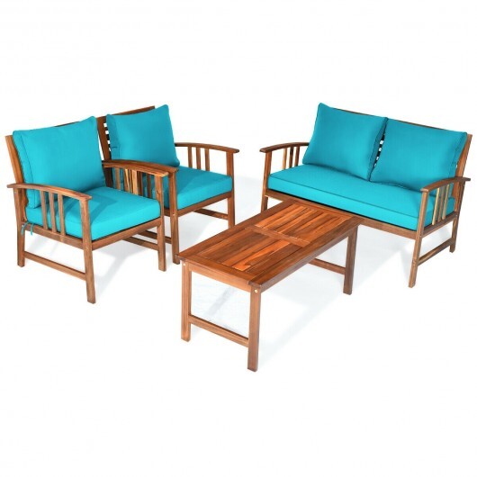 4 Pieces Wooden Patio Furniture Set Table Sofa Chair Cushioned Garden - Color: Turquoise