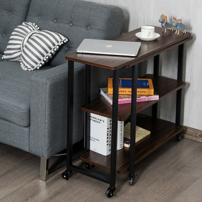 360? Rotating Sofa Side Table with Storage Shelves and Wheels-Walnut - Color: Walnut