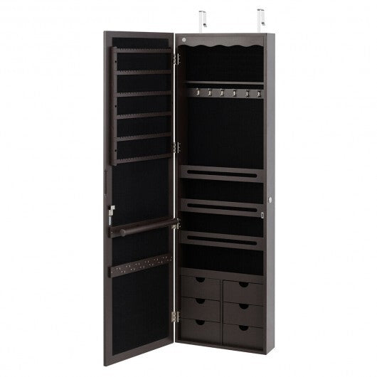 5 LEDs Lockable Mirror Jewelry Cabinet Armoire with 6 Drawers-Brown - Color: Brown