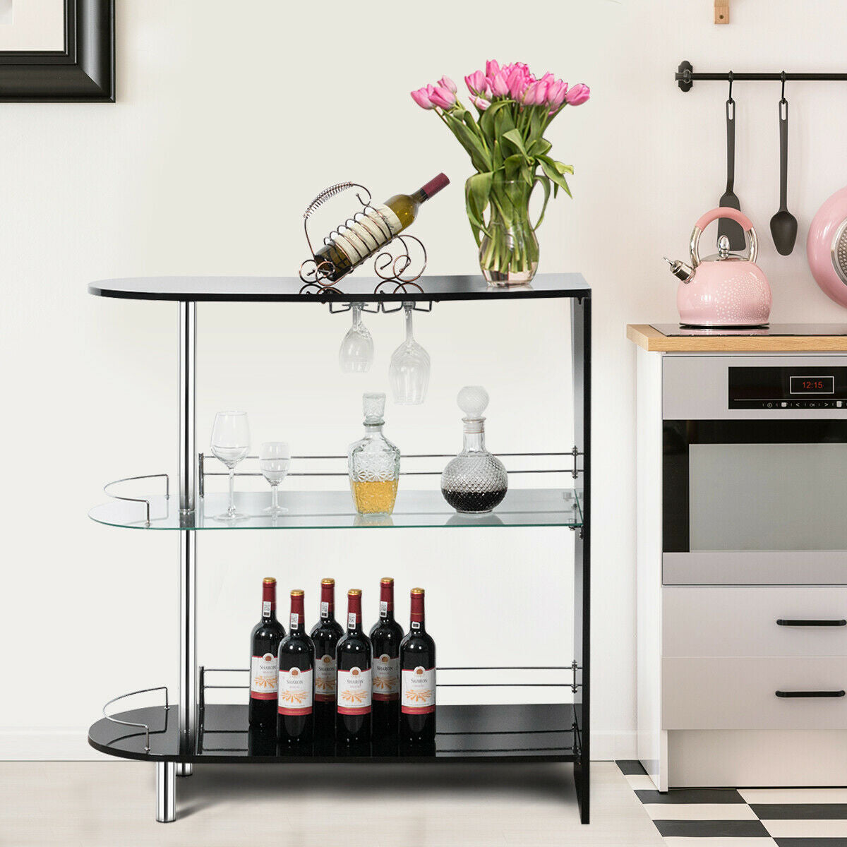 2-holder Bar Table with Tempered Glass Shelf - Color: Black