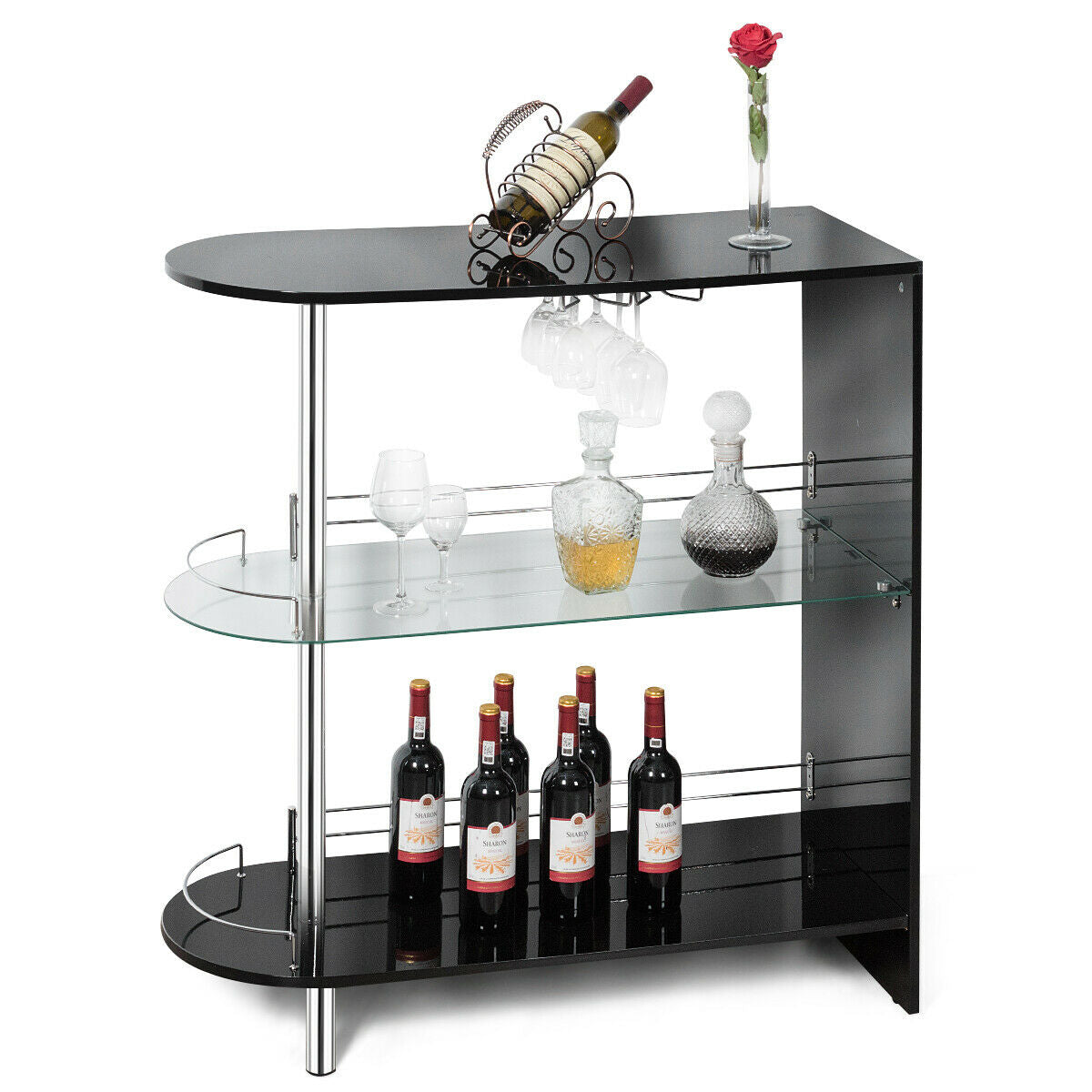 2-holder Bar Table with Tempered Glass Shelf - Color: Black