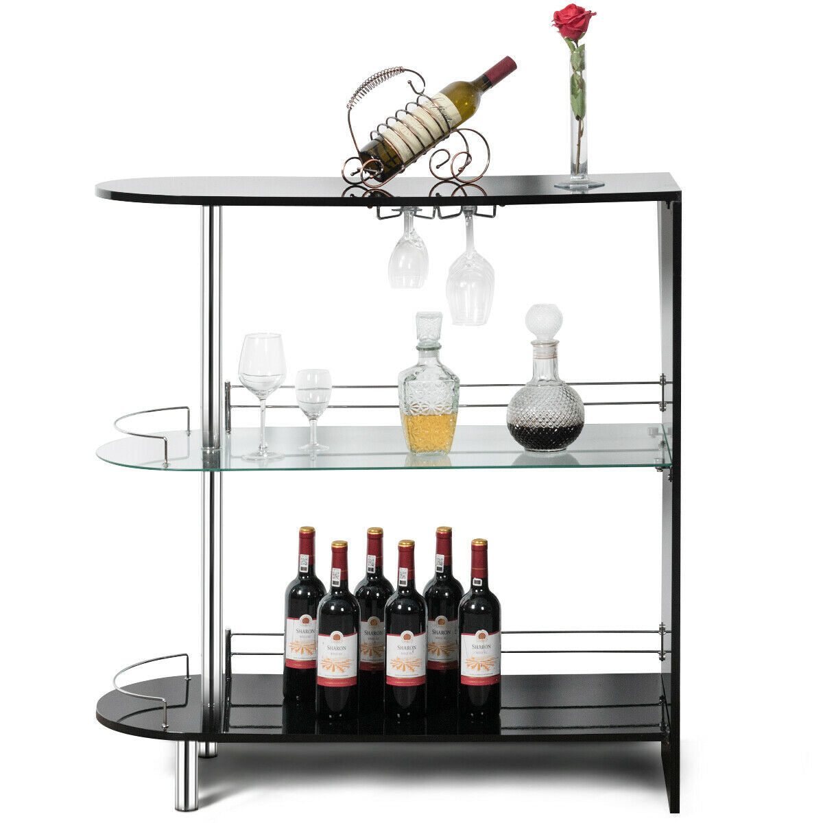 2-holder Bar Table with Tempered Glass Shelf - Color: Black