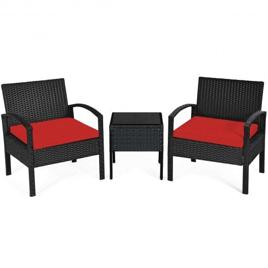 3 Pieces Outdoor Rattan Patio Conversation Set with Seat Cushions-Red - Color: Red