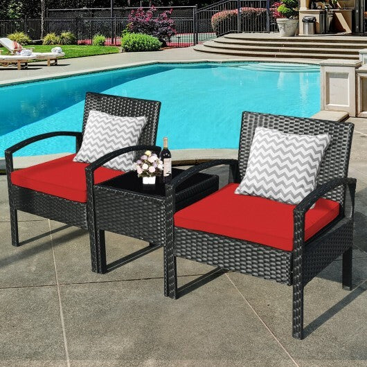 3 Pieces Outdoor Rattan Patio Conversation Set with Seat Cushions-Red - Color: Red