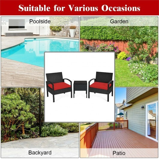 3 Pieces Outdoor Rattan Patio Conversation Set with Seat Cushions-Red - Color: Red