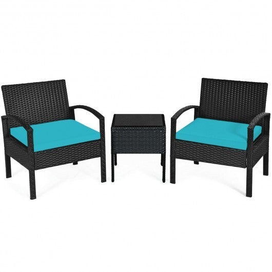 3 Pieces Outdoor Rattan Patio Conversation Set with Seat Cushions-Turquoise - Color: Turquoise