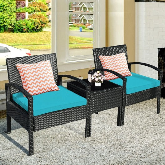 3 Pieces Outdoor Rattan Patio Conversation Set with Seat Cushions-Turquoise - Color: Turquoise