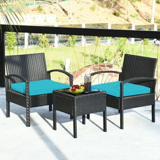 3 Pieces Outdoor Rattan Patio Conversation Set with Seat Cushions-Turquoise - Color: Turquoise