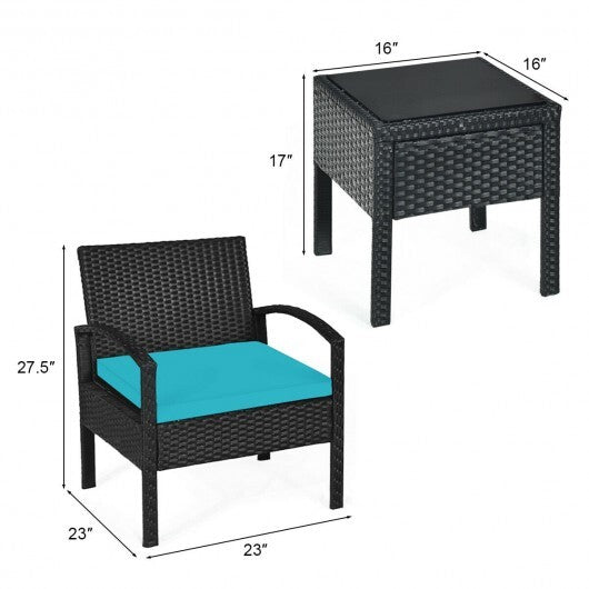 3 Pieces Outdoor Rattan Patio Conversation Set with Seat Cushions-Turquoise - Color: Turquoise