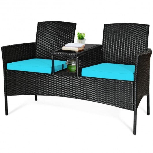 Wicker Patio Conversation Furniture Set with Removable Cushions and Table-Turquoise - Color: Turquoise