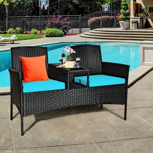 Wicker Patio Conversation Furniture Set with Removable Cushions and Table-Turquoise - Color: Turquoise