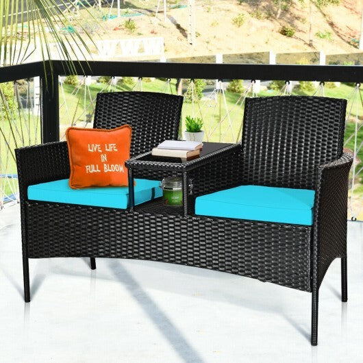 Wicker Patio Conversation Furniture Set with Removable Cushions and Table-Turquoise - Color: Turquoise