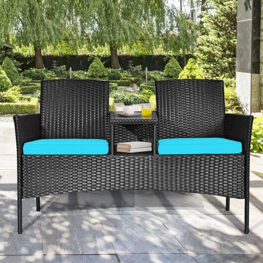 Wicker Patio Conversation Furniture Set with Removable Cushions and Table-Turquoise - Color: Turquoise