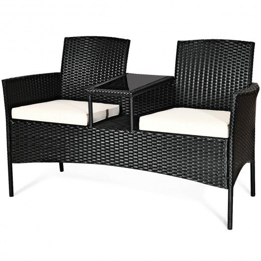 Wicker Patio Conversation Furniture Set with Removable Cushions and Table-White - Color: White