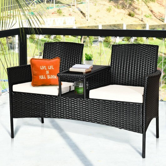 Wicker Patio Conversation Furniture Set with Removable Cushions and Table-White - Color: White