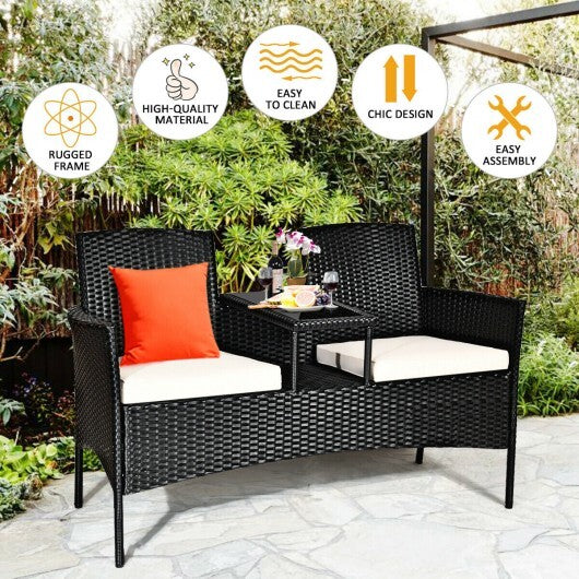 Wicker Patio Conversation Furniture Set with Removable Cushions and Table-White - Color: White