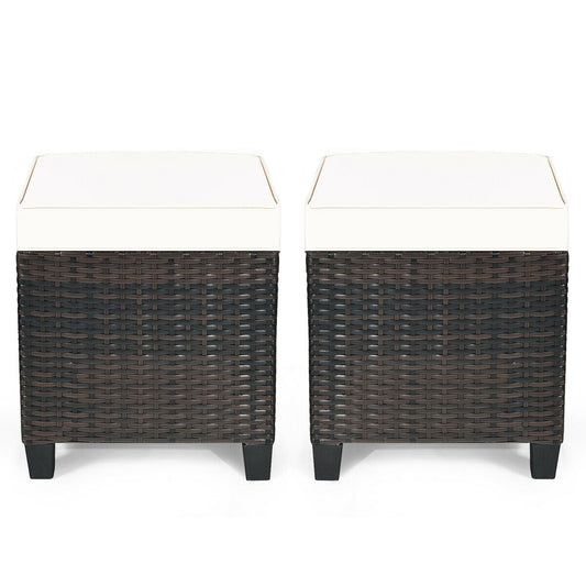 2 Pieces Patio Rattan Ottoman Set with Removable Cushions-White - Color: White