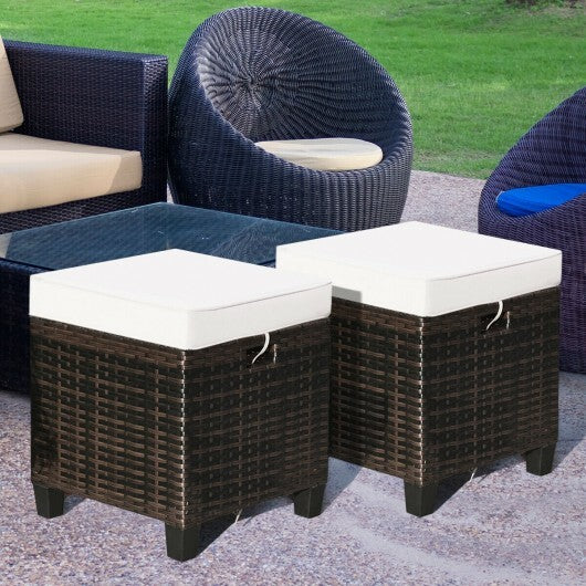 2 Pieces Patio Rattan Ottoman Set with Removable Cushions-White - Color: White