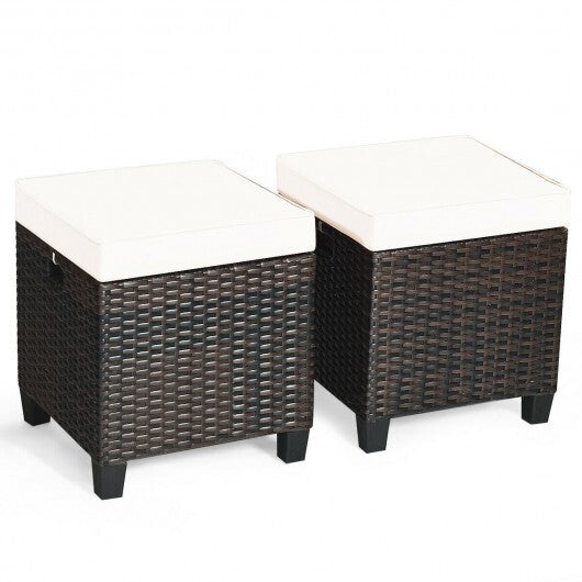 2 Pieces Patio Rattan Ottoman Set with Removable Cushions-White - Color: White