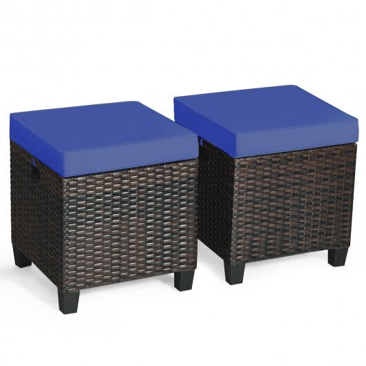 2 Pieces Patio Rattan Ottoman Set with Removable Cushions-Navy - Color: Navy