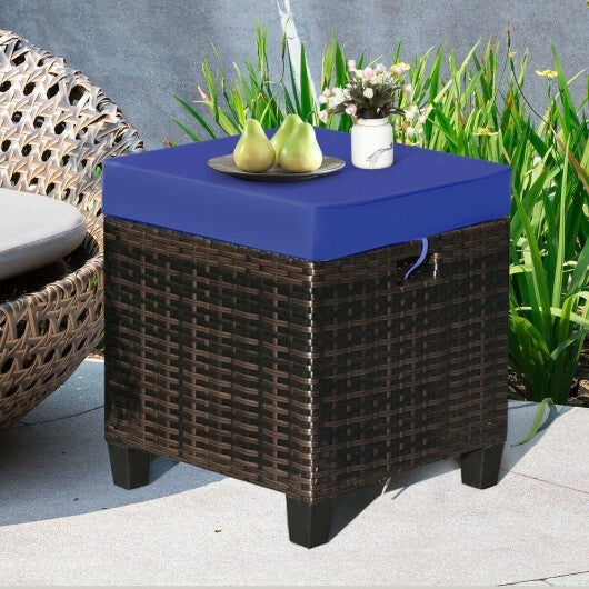 2 Pieces Patio Rattan Ottoman Set with Removable Cushions-Navy - Color: Navy