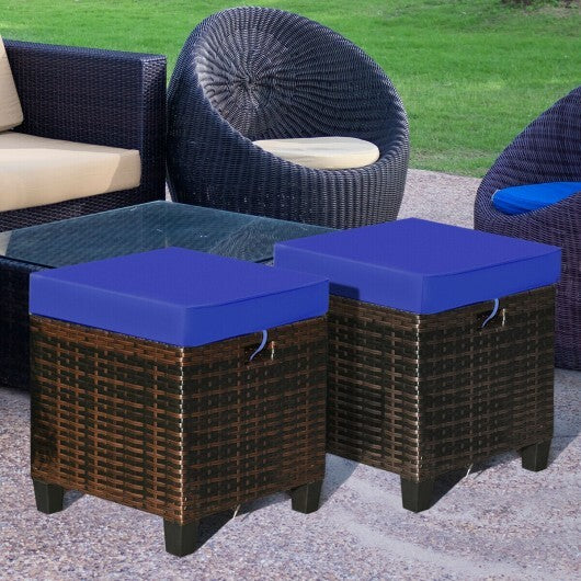 2 Pieces Patio Rattan Ottoman Set with Removable Cushions-Navy - Color: Navy