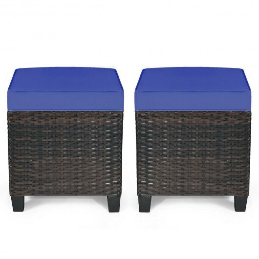 2 Pieces Patio Rattan Ottoman Set with Removable Cushions-Navy - Color: Navy