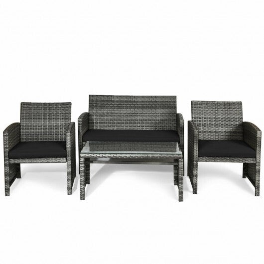 4 Pieces Patio Rattan Furniture Set with Glass Table and Loveseat-Black - Color: Black