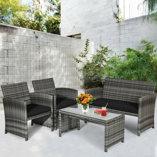 4 Pieces Patio Rattan Furniture Set with Glass Table and Loveseat-Black - Color: Black