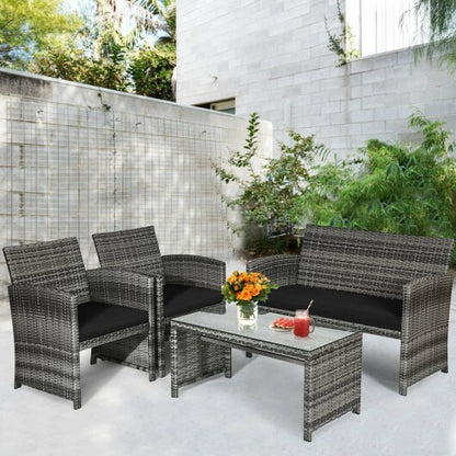 4 Pieces Patio Rattan Furniture Set with Glass Table and Loveseat-Black - Color: Black