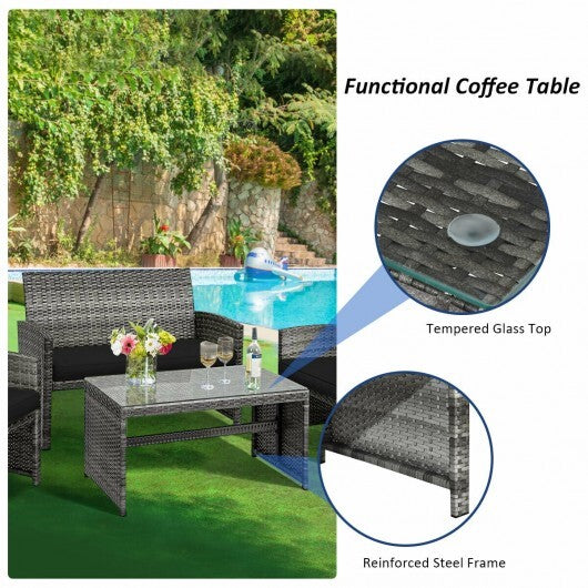 4 Pieces Patio Rattan Furniture Set with Glass Table and Loveseat-Black - Color: Black