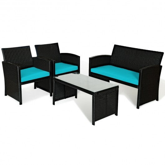 4 Pieces Rattan Patio Furniture Set with Weather Resistant Cushions and Tempered Glass Tabletop-Turquoise - Color: Turquoise