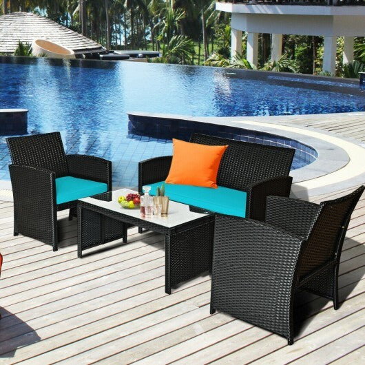 4 Pieces Rattan Patio Furniture Set with Weather Resistant Cushions and Tempered Glass Tabletop-Turquoise - Color: Turquoise