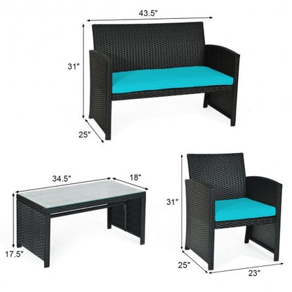 4 Pieces Rattan Patio Furniture Set with Weather Resistant Cushions and Tempered Glass Tabletop-Turquoise - Color: Turquoise