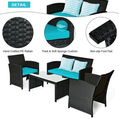 4 Pieces Rattan Patio Furniture Set with Weather Resistant Cushions and Tempered Glass Tabletop-Turquoise - Color: Turquoise